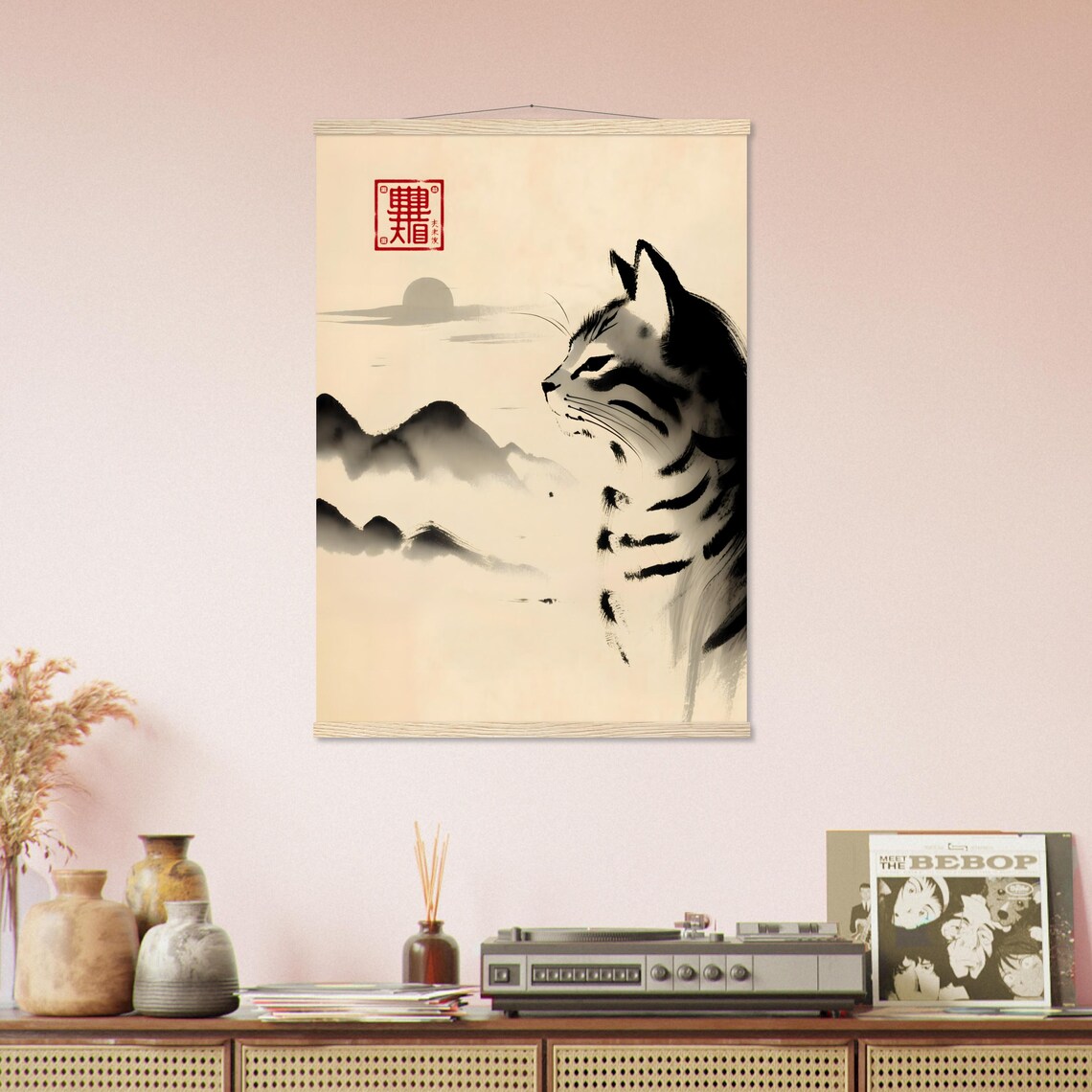 Moonlit Mountain Cat Japanese Ink Scroll Art Zen Red Seal Poster