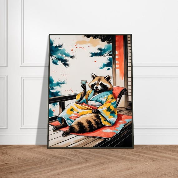 Raccoon In Kimono Wall Art With Metal Frame Japaneseinspired Ink Illustration Tea Ceremony On Veranda Vibrant Yellow And Blue Design
