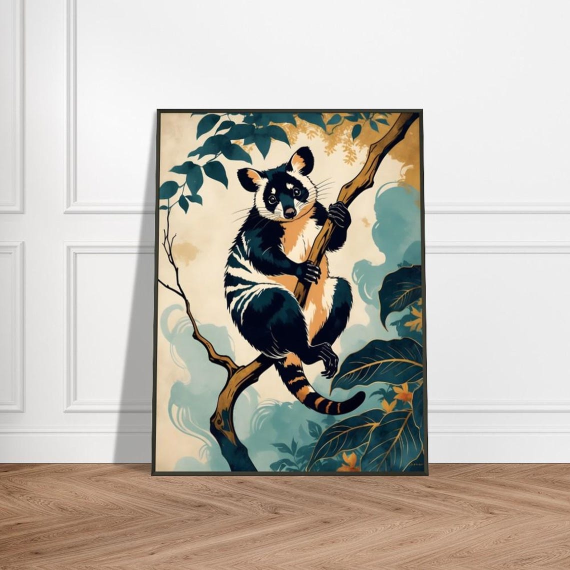 Black and White Lemur Climbing Branch in Lush Forest Art Poster