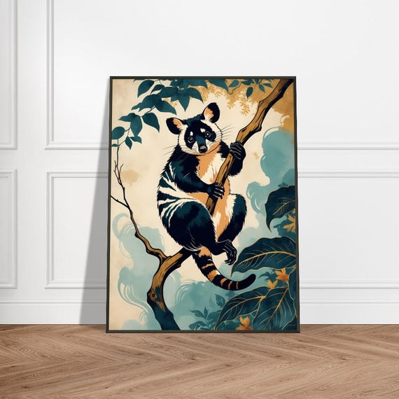 Blackandwhite Lemur In Lush Forest Japaneseinspired Wildlife Art Vibrant Nature Illustration Exotic Animal Wall Decor