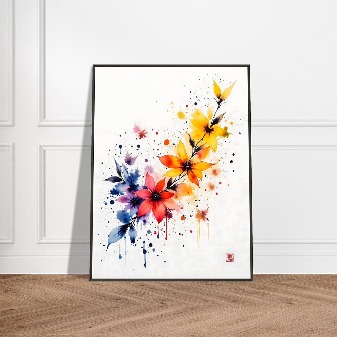Vibrant Floral Bouquet Yellow Orange Purple Watercolor Art Poster