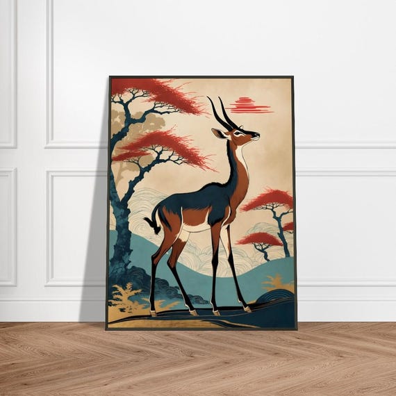 Graceful Gazelle In Japanese Landscape Ukiyoe Style Wildlife Art Elegant Nature Illustration Exotic Animal Wall Decor