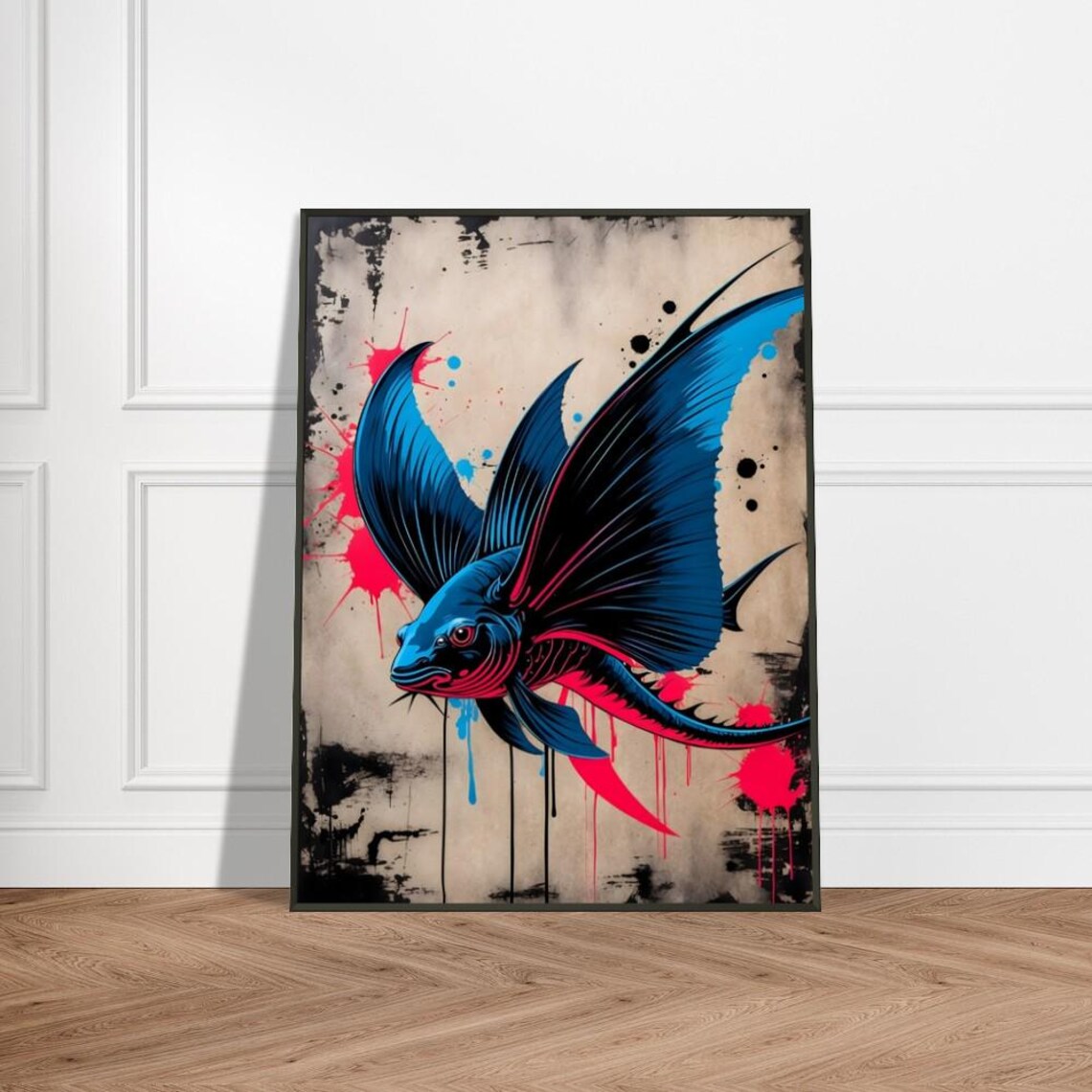Flying Fish with Neon Blue Wings Ink Splash Street Art Poster
