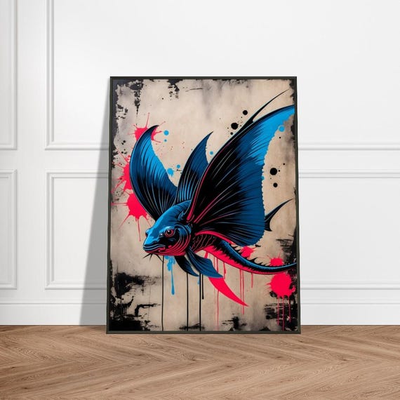 Flying Fish Art Print Japaneseinspired Ink Splash Design With Bold Blue Pink And Black Accents Dynamic Oceanic Wall Decor