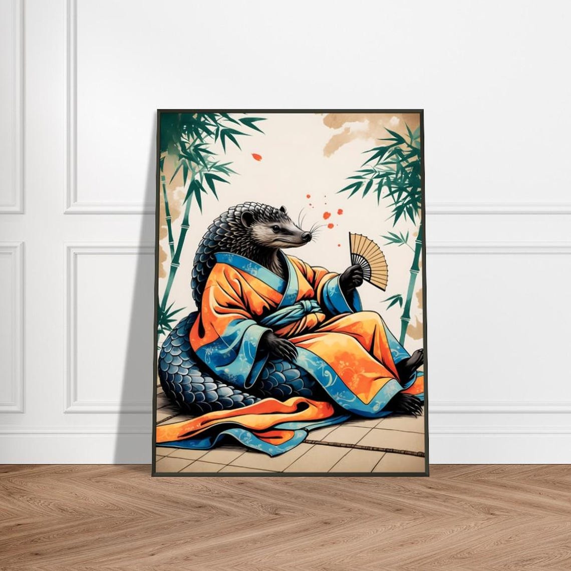 Pangolin In Orange Kimono Holding Fan Among Green Bamboo Poster