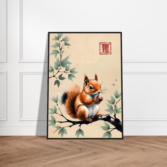 Red Squirrel Holding a Nut on a Branch Japanese Ink Style Poster