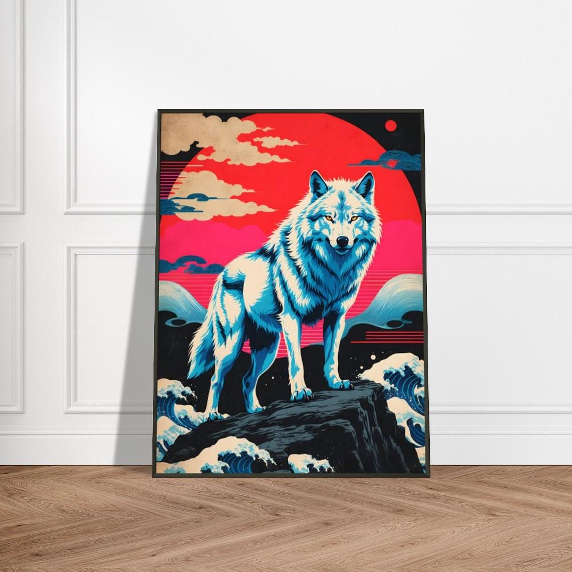 White Wolf on Ocean Cliff Red Sun Neon Japanese Style Poster