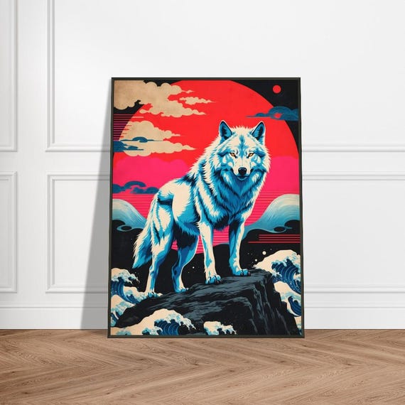 Lone Wolf On Ocean Cliff Japaneseinspired Metal Framed Art Print Radiant Red Sun Bold Waves And Mystical Ukiyoe Style