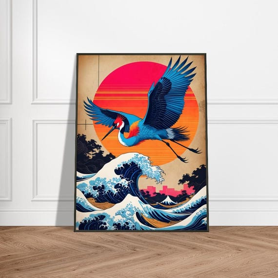 Celestial Arctic Fox At Sunset Japaneseinspired Metal Framed Art Print Vibrant Red Sun Mystical Clouds Bold And Modern