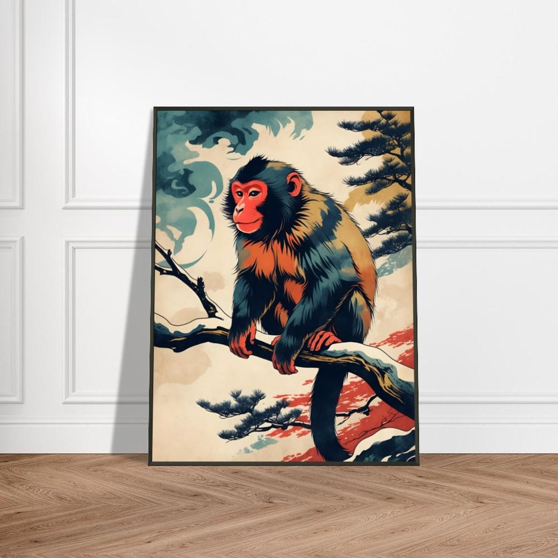 Japanese Macaque In Snowy Landscape Ukiyoe Style Wildlife Art Vibrant Monkey Illustration Natureinspired Wall Decor