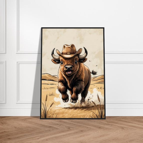 Cowboy Bison Illustration Playful Westernthemed Buffalo With Hat Prairie Landscape Rustic Country Art For Decor Or Gifts