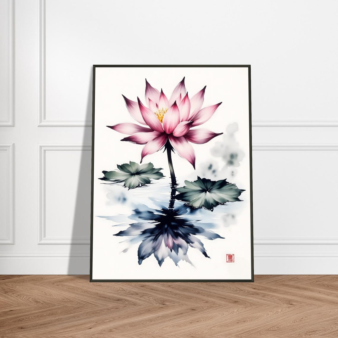 Pink Lotus Flower Ink Poster with Lily Pads and Water Reflection