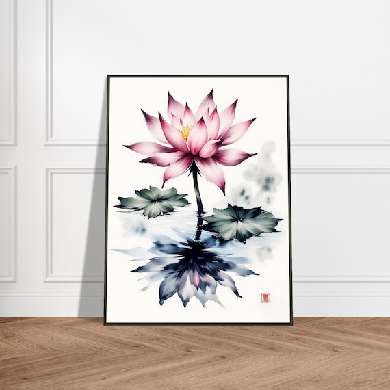 Pink Lotus Flower Ink Poster with Lily Pads and Water Reflection