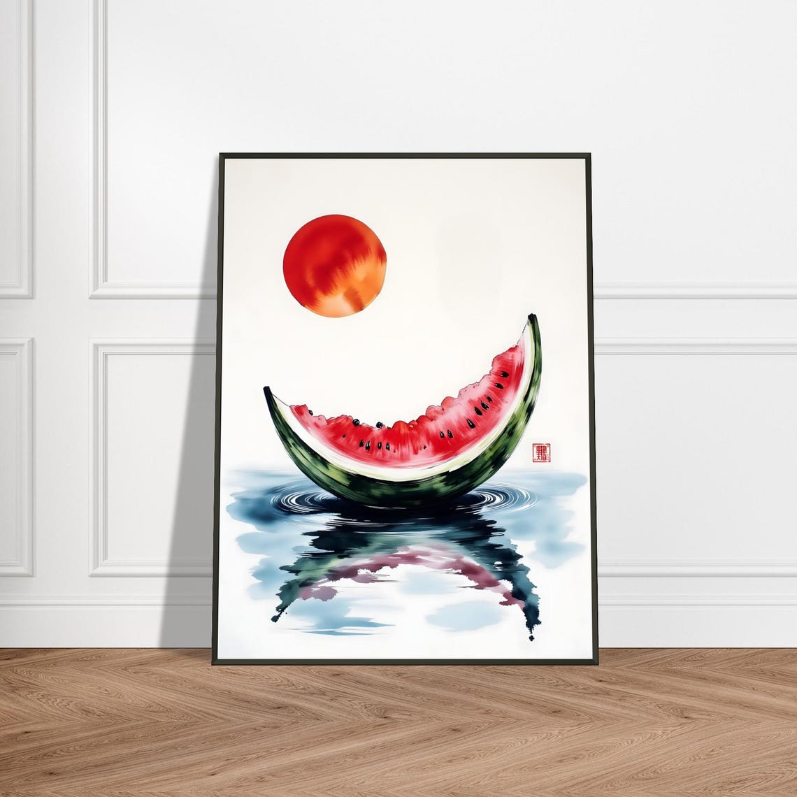 Playful Watermelon Slice Floating On Water Red Sun Sumi-e Poster