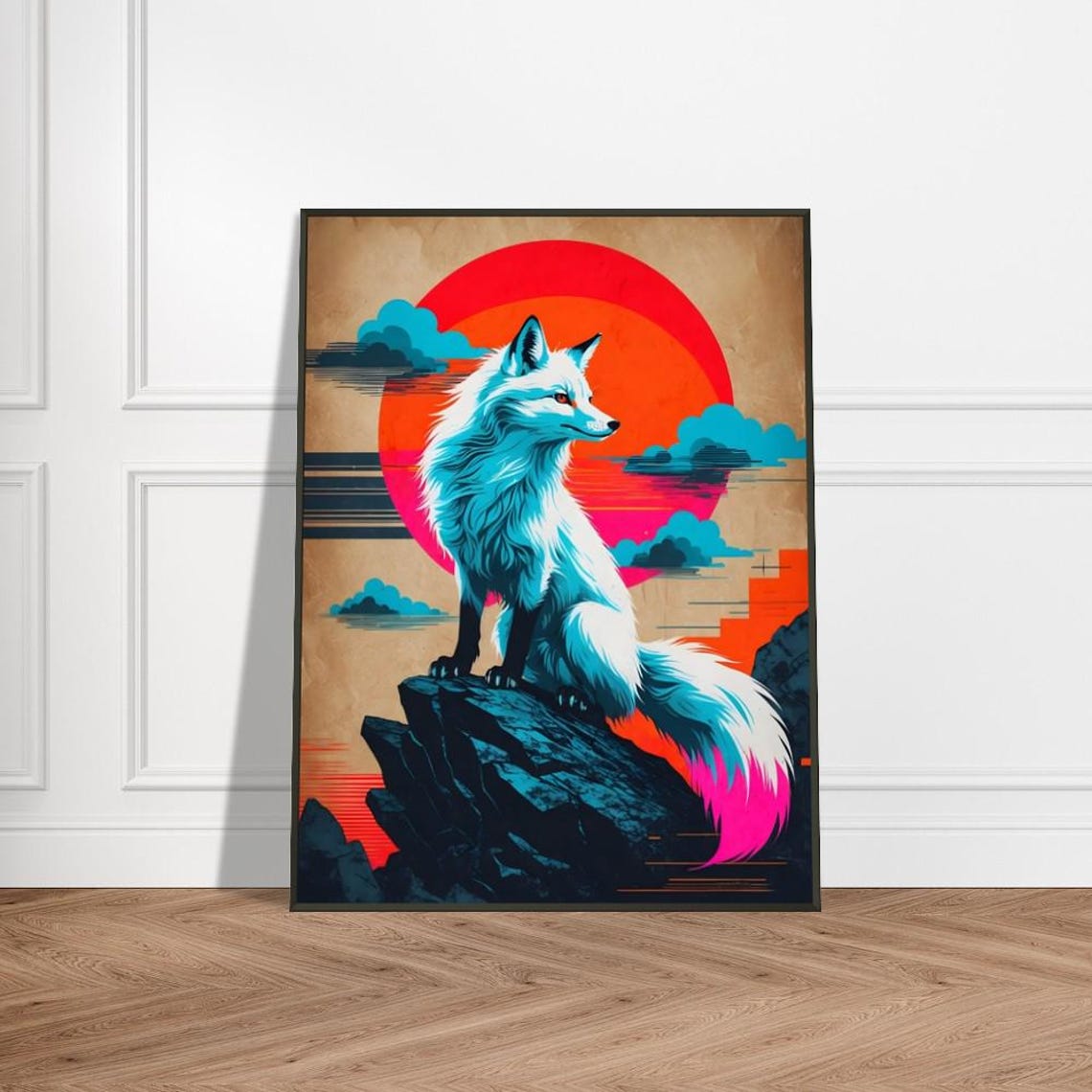 Celestial White Fox on Dark Rock Red Sun Japanese Neon Poster