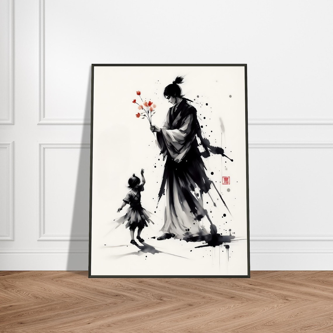 Samurai and Child Tender Moment Japanese Ink Family Art Poster