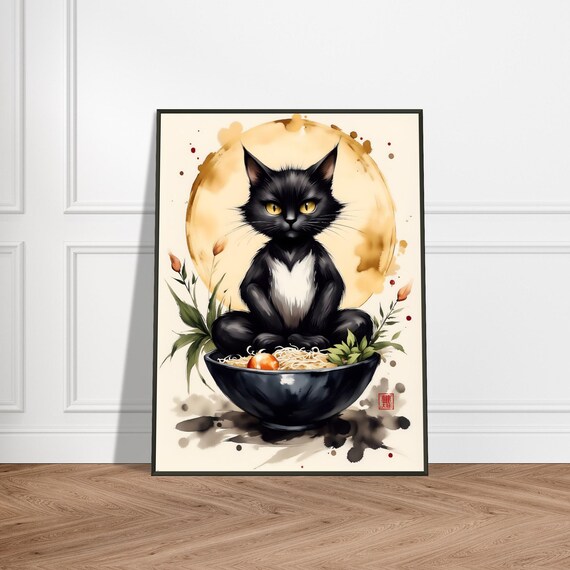 Black Cat Sitting in Ramen Bowl Golden Moon Japanese Ink Poster