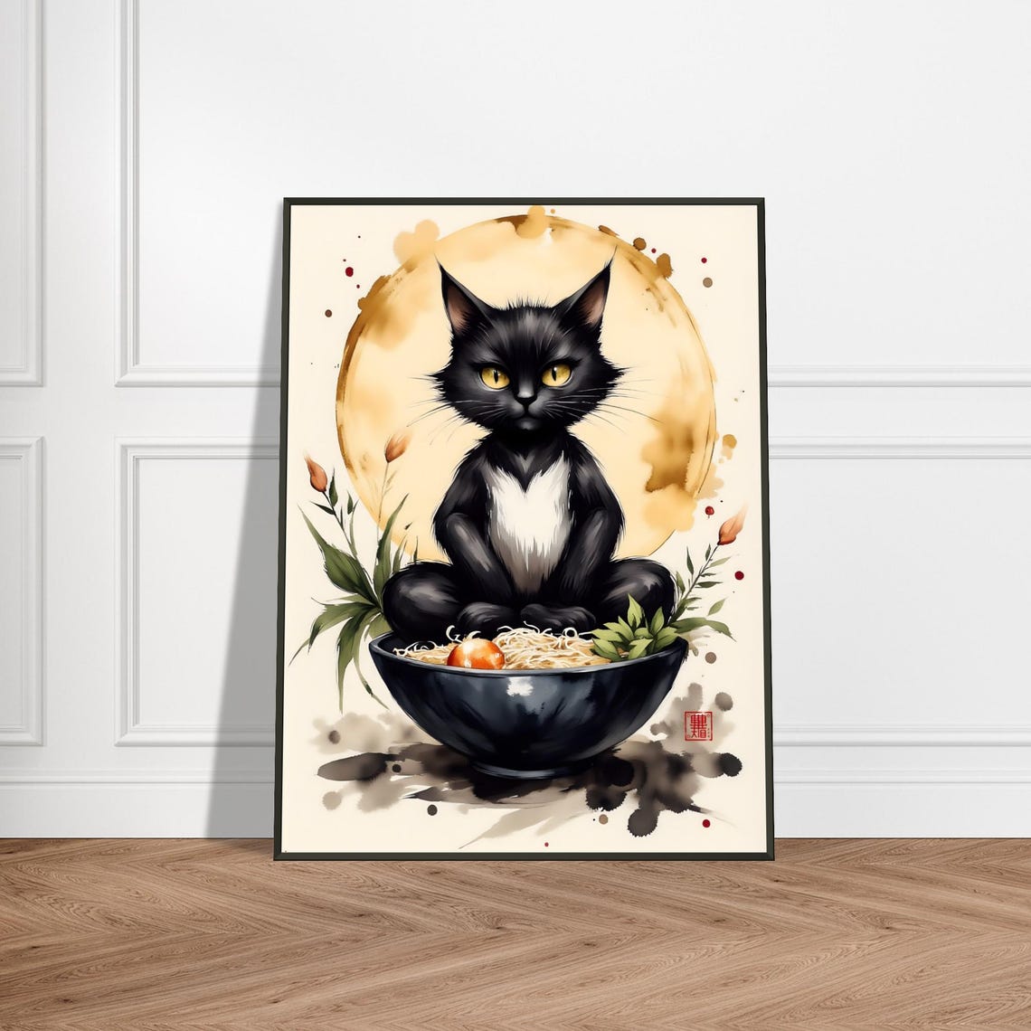 Black Cat Sitting in Ramen Bowl Golden Moon Japanese Ink Poster