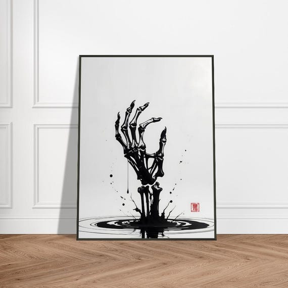 Skeleton Hand Wall Art Japanese Ink Wash Painting With Dripping Black Metal Frame Bold Gothicinspired Decor For Home Or Office