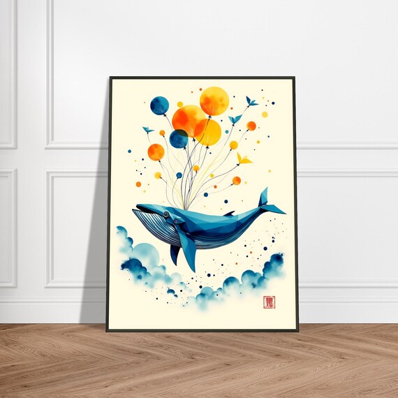 Flying Whale With Balloons Metal Framed Japanese Surreal Art Print Dreamy Ocean Fantasy In Blue And Gold Decor