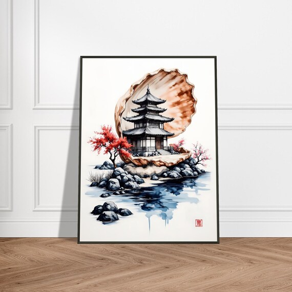 Japanese Pagoda Inside a Giant Seashell Island Watercolor Art Poster