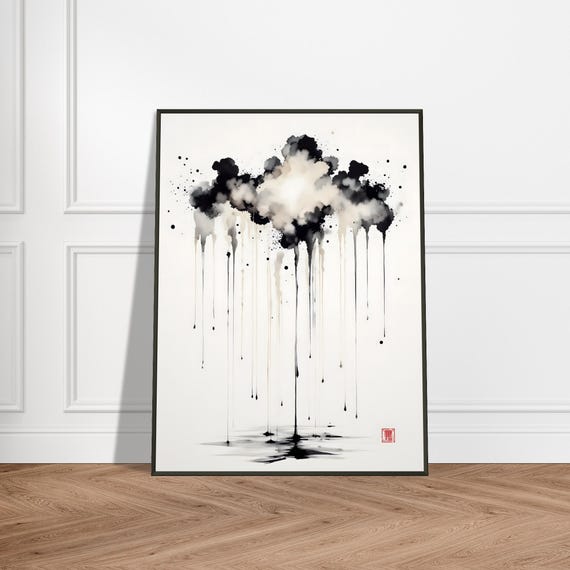 Japanese Ink Rain Cloud Minimalist Monochrome Wall Art Print With Metal Frame Abstract Zen Brush Drip Landscape Decor