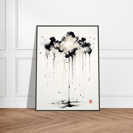 Monochrome Ink Rain Cloud Dripping Minimalist Japanese Art Poster