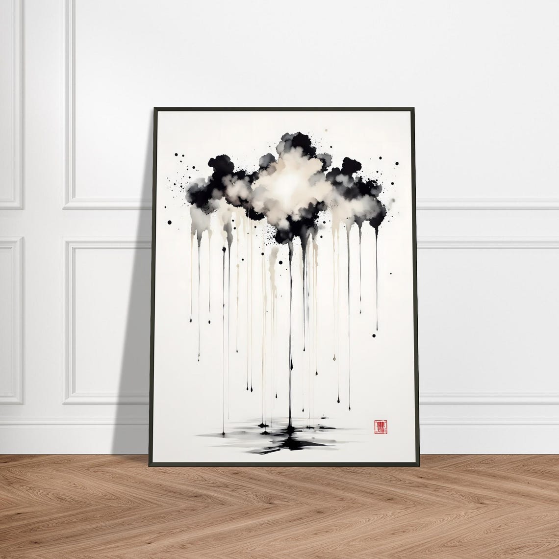 Monochrome Ink Rain Cloud Dripping Minimalist Japanese Art Poster