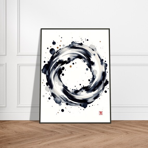 Black Enso Zen Circle With Gold Splatter Minimalist Ink Art Poster