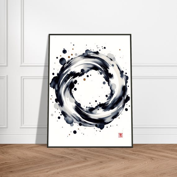 Japanese Enso Circle Ink Print Sumie Zen Brushstroke Art Minimalist Black And White Wall Decor Spiritual Abstract Meditation Symbol