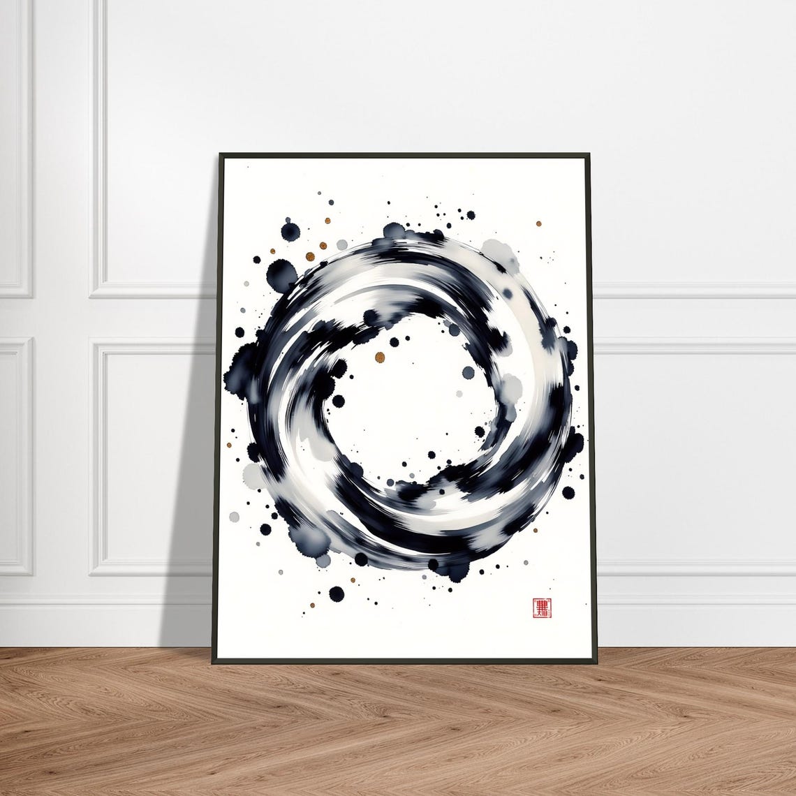 Black Enso Zen Circle With Gold Splatter Minimalist Ink Art Poster