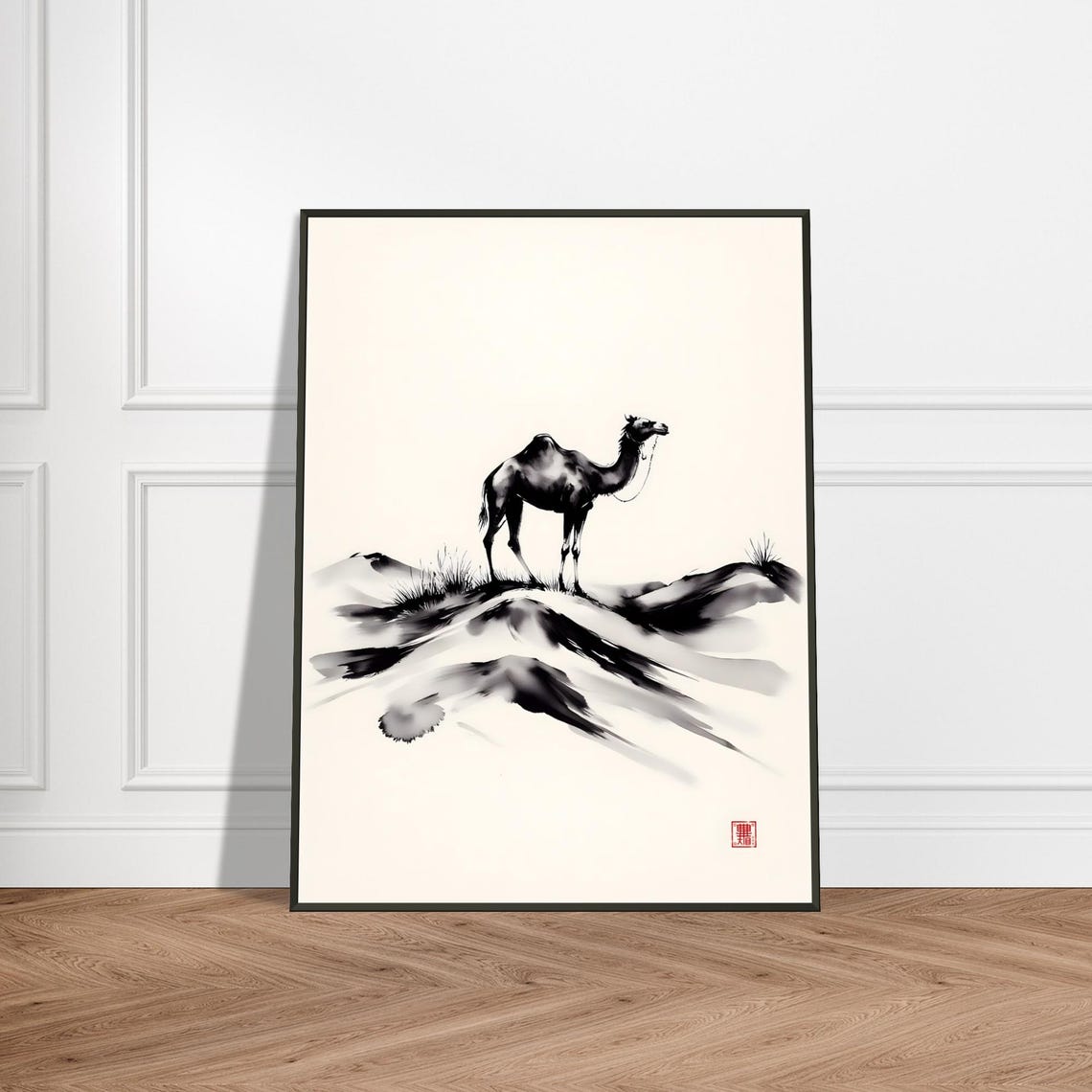 Lone Camel on Ink Dunes Minimalist Desert Brushwork Art Poster