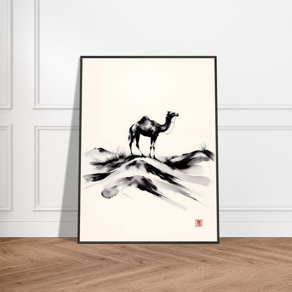 Camel In Desert Ink Painting Japanese Sumie Style Art Print Minimalist Nomadic Landscape Monochrome Travel Decor For Zen Spaces