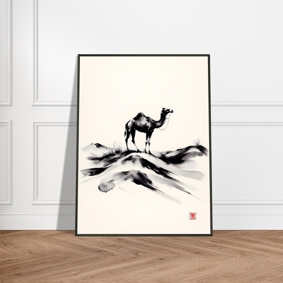 Lone Camel on Ink Dunes Minimalist Desert Brushwork Art Poster