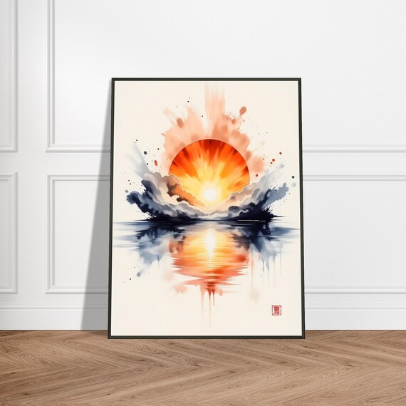 Radiant Sunrise Japanese Ink Watercolor Sunburst Over Ocean Poster