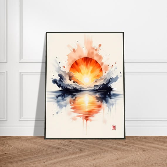 Radiant Sunrise Wall Art Japanese Ink Style Sunburst Over Ocean With Reflection Vibrant Metal Framed Zen Decor