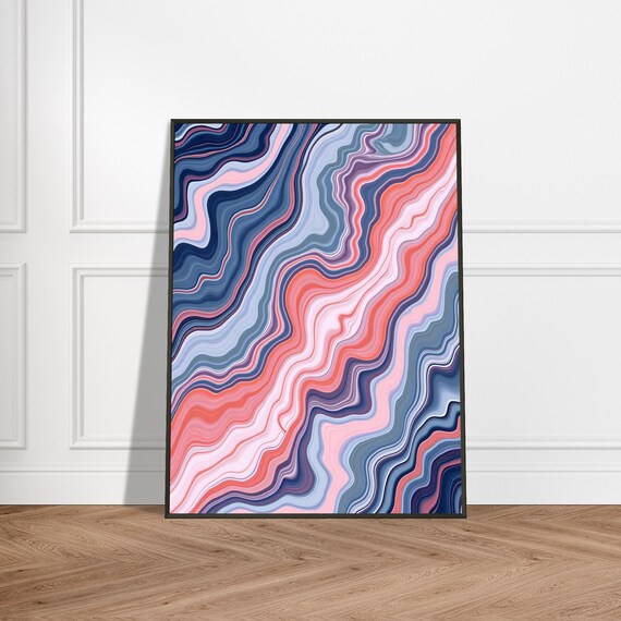 Colorful Marble Swirl Wall Art Abstract Wavy Pattern In Coral Blue And Lilac Psychedelic Retro Home Decor Fluid Modern Print