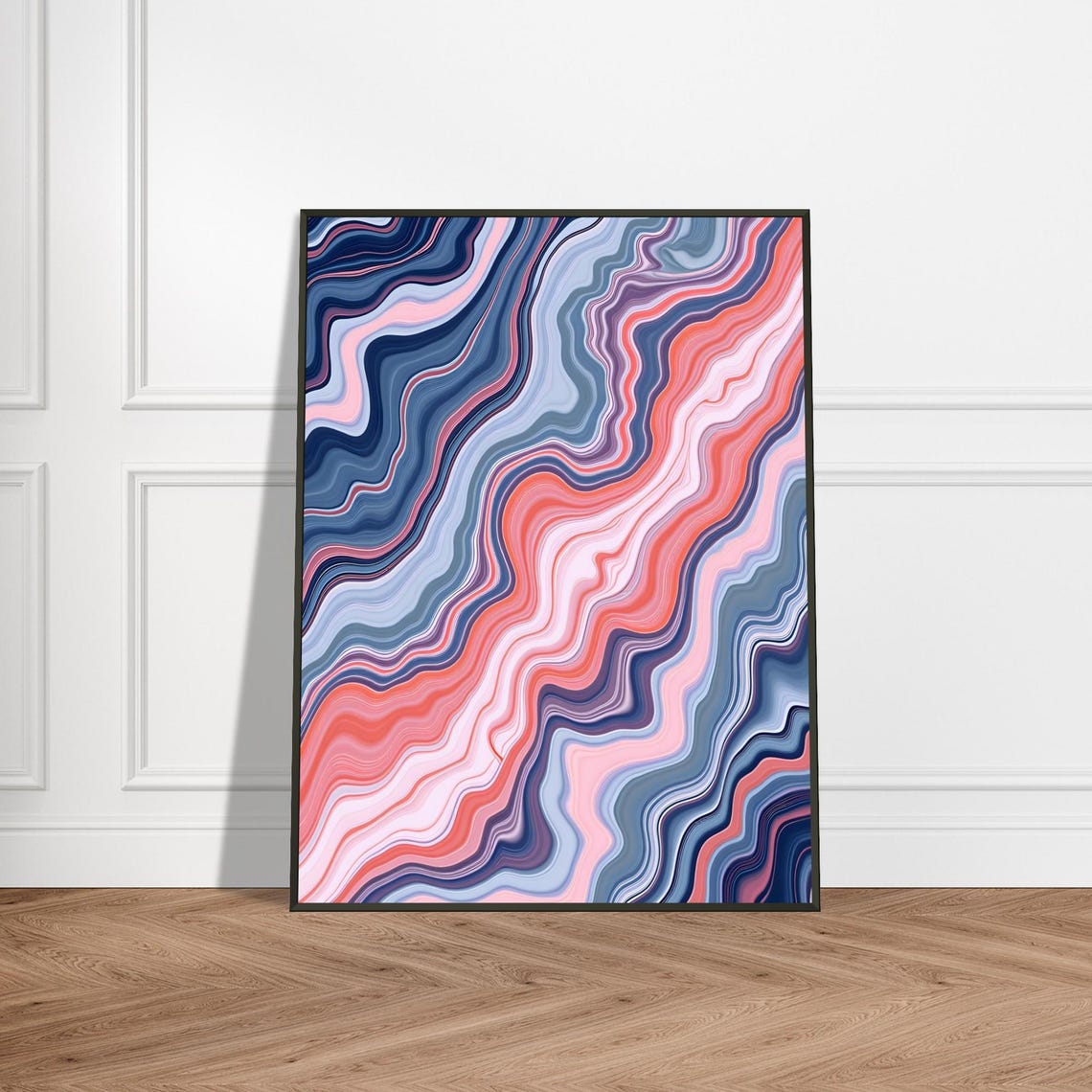 Coral and Navy Liquid Marble Swirl Abstract Fluid Art Poster