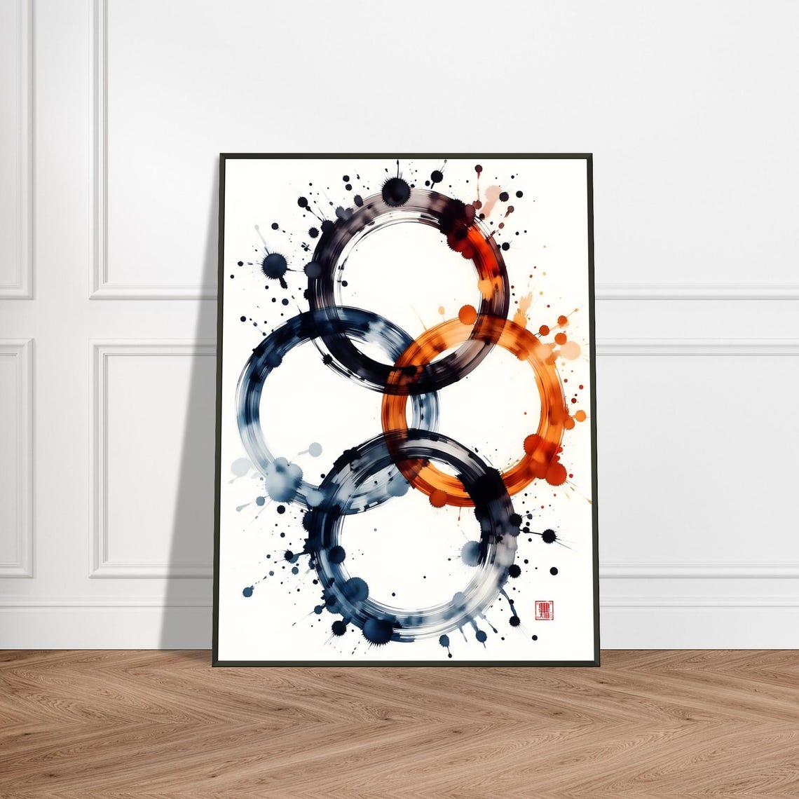 Interlocking Enso Rings Splash Ink Orange Blue Abstract Art Poster