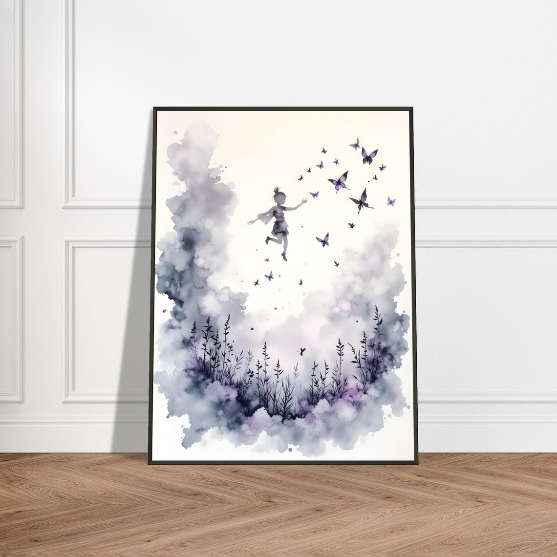 Young Girl Leaping Among Butterflies in Soft Lavender Mist Poster