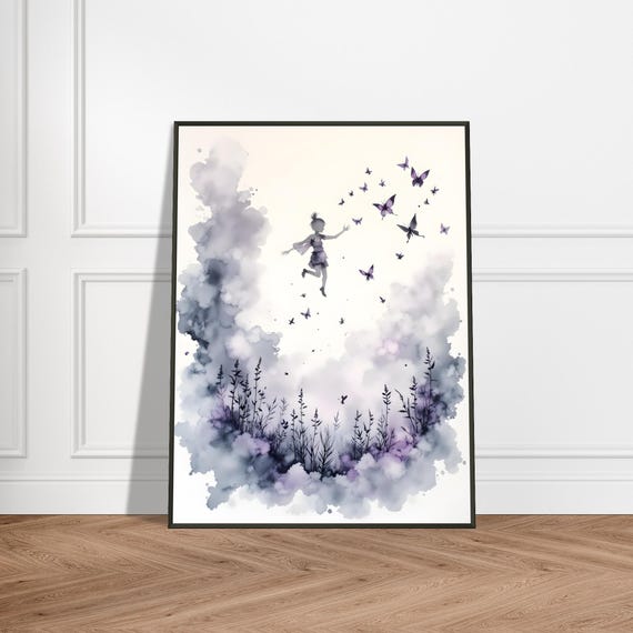 Girl With Butterflies In Mist Metal Framed Japanese Dreamscape Art Print Whimsical Fantasy Forest Spirit Decor