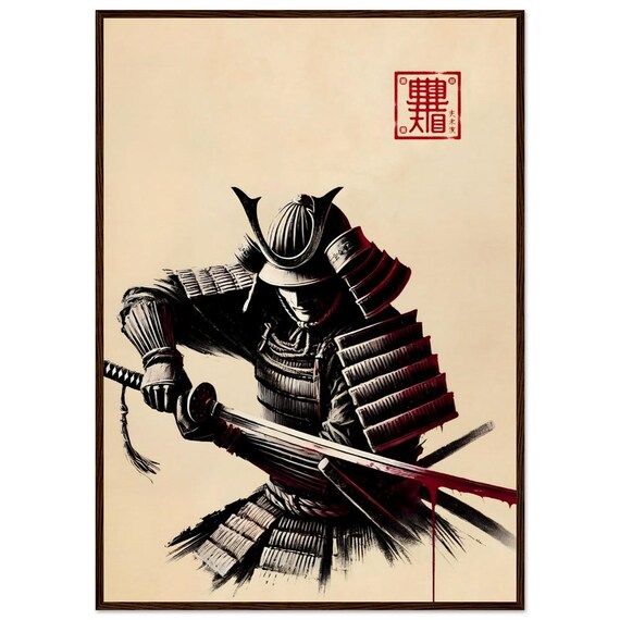 Samurai Helmet Close-Up Gripping Katana Ink Japanese Art Poster