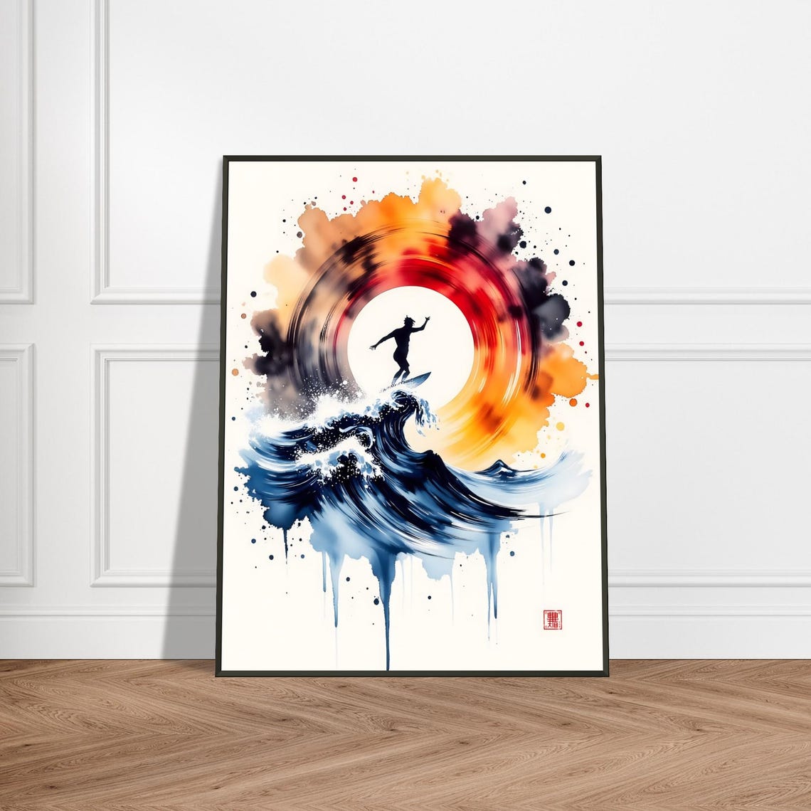 Surfer Silhouette On Wave Red Enso Sun Watercolor Art Poster