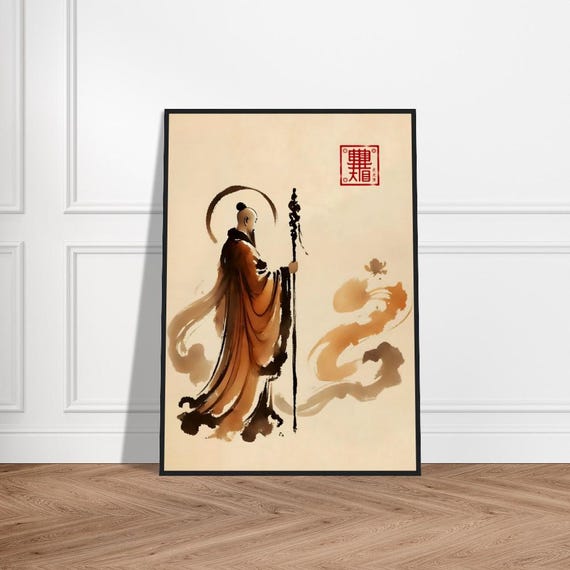 Japanese Monk Art Poster Minimalist Zen Wall Decor Museumquality Matte Paper Framed Spiritual Artwork In Harmony