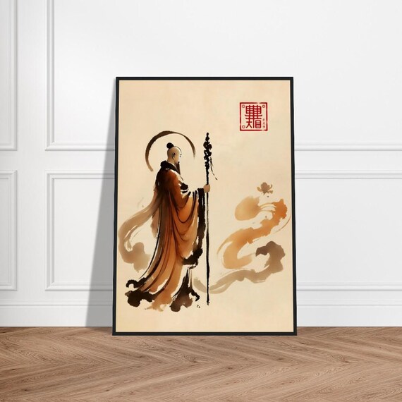 Zen Monk in Ochre Robes Holding a Tall Staff Ink Wash Art Poster