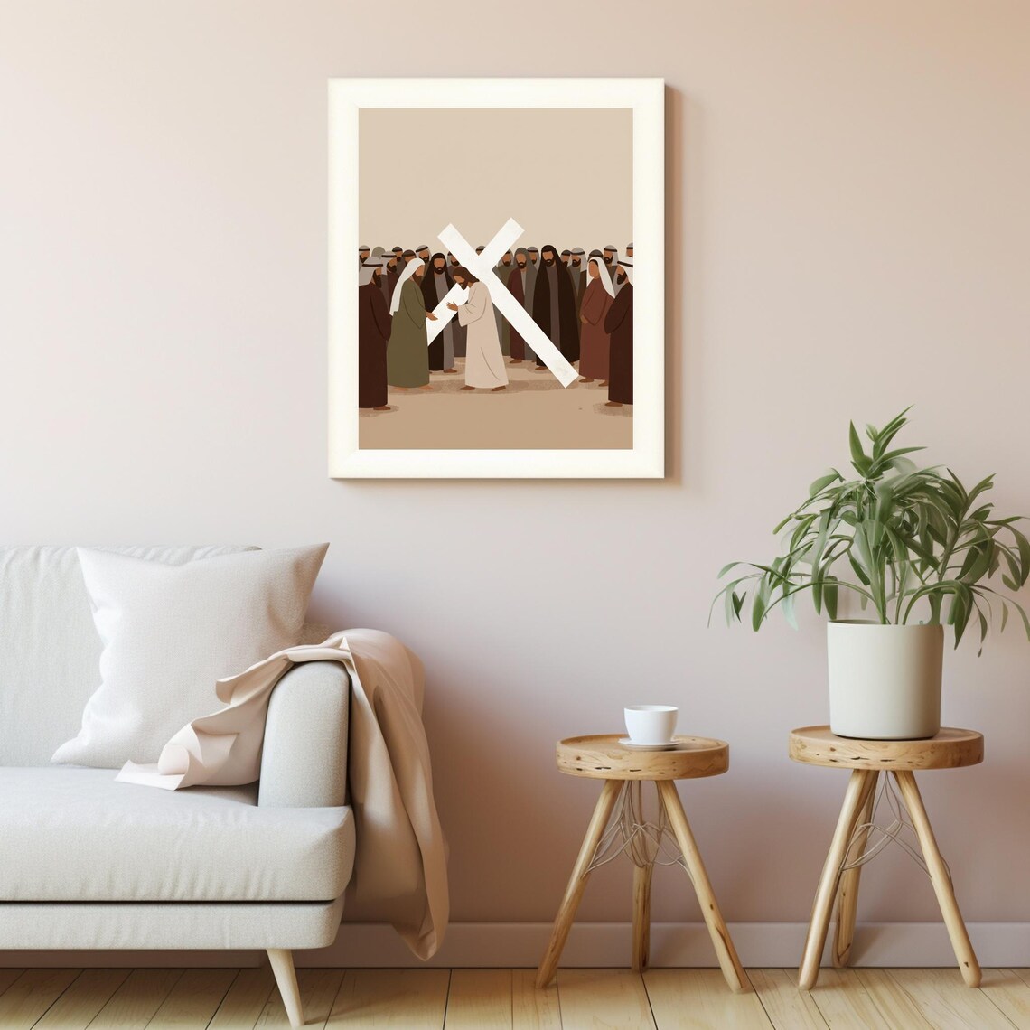 Jesus Christ Bearing The Cross Through Crowd Earth Tone Faith Poster
