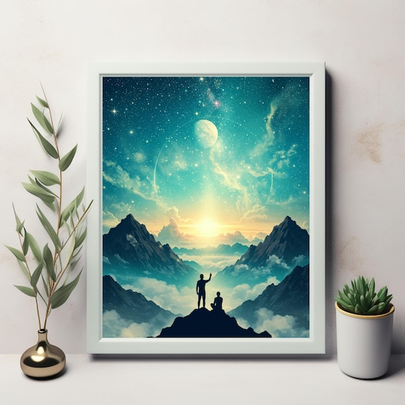 Cosmic Starry Night Mountain Explorer Silhouette Adventure Poster