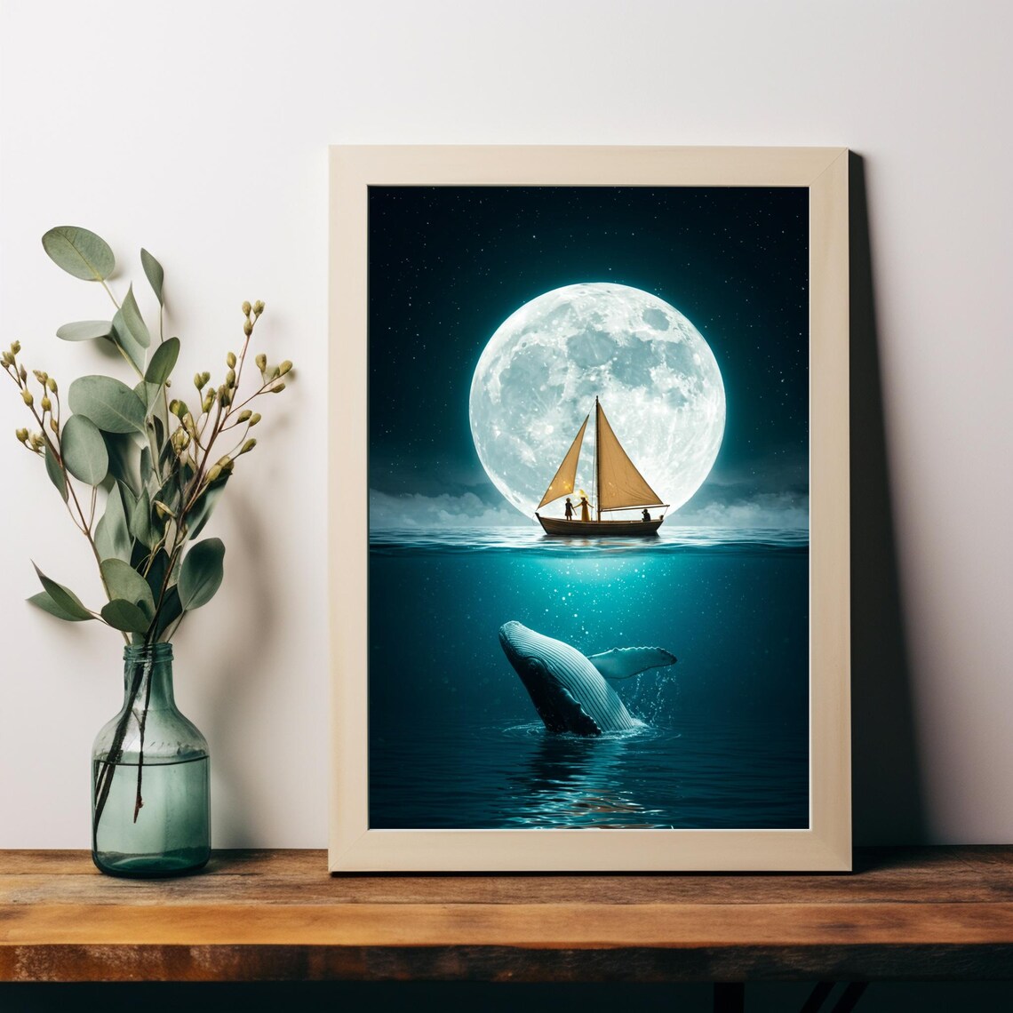 Full Moon Whale Breaching Sailboat Night Ocean Dreamy Wall Poster