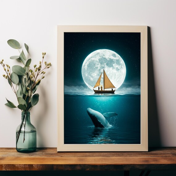 Full Moon Whale Breaching Sailboat Night Ocean Dreamy Wall Poster