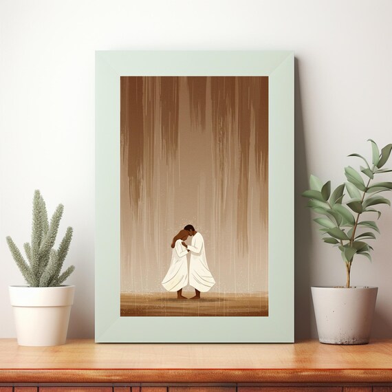 Embracing Connection In The Rain A Minimalist Art Illustration Of Love And Intimacy